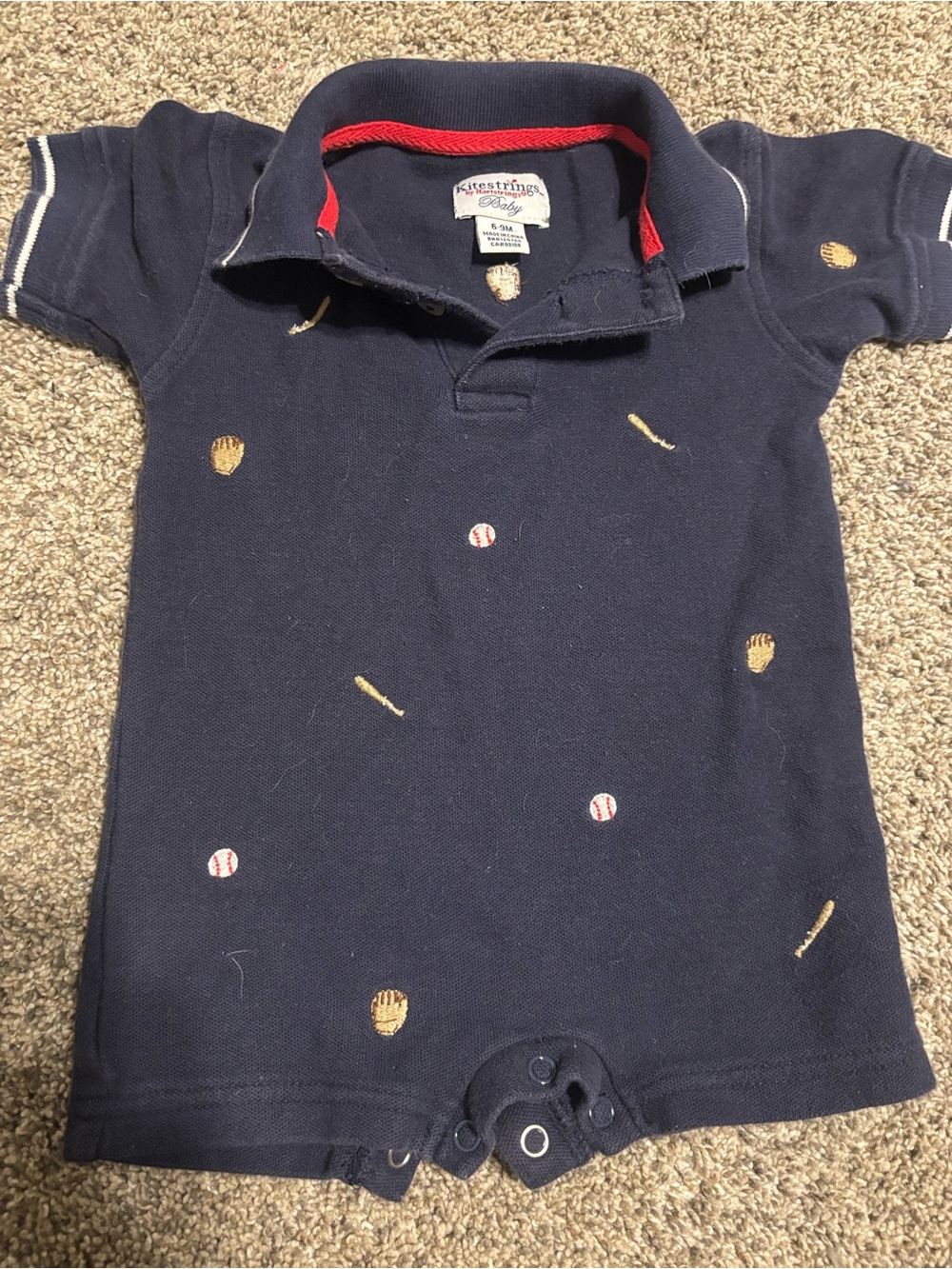 Hartstrings Navy Baseball Polo Romper with Red Trim